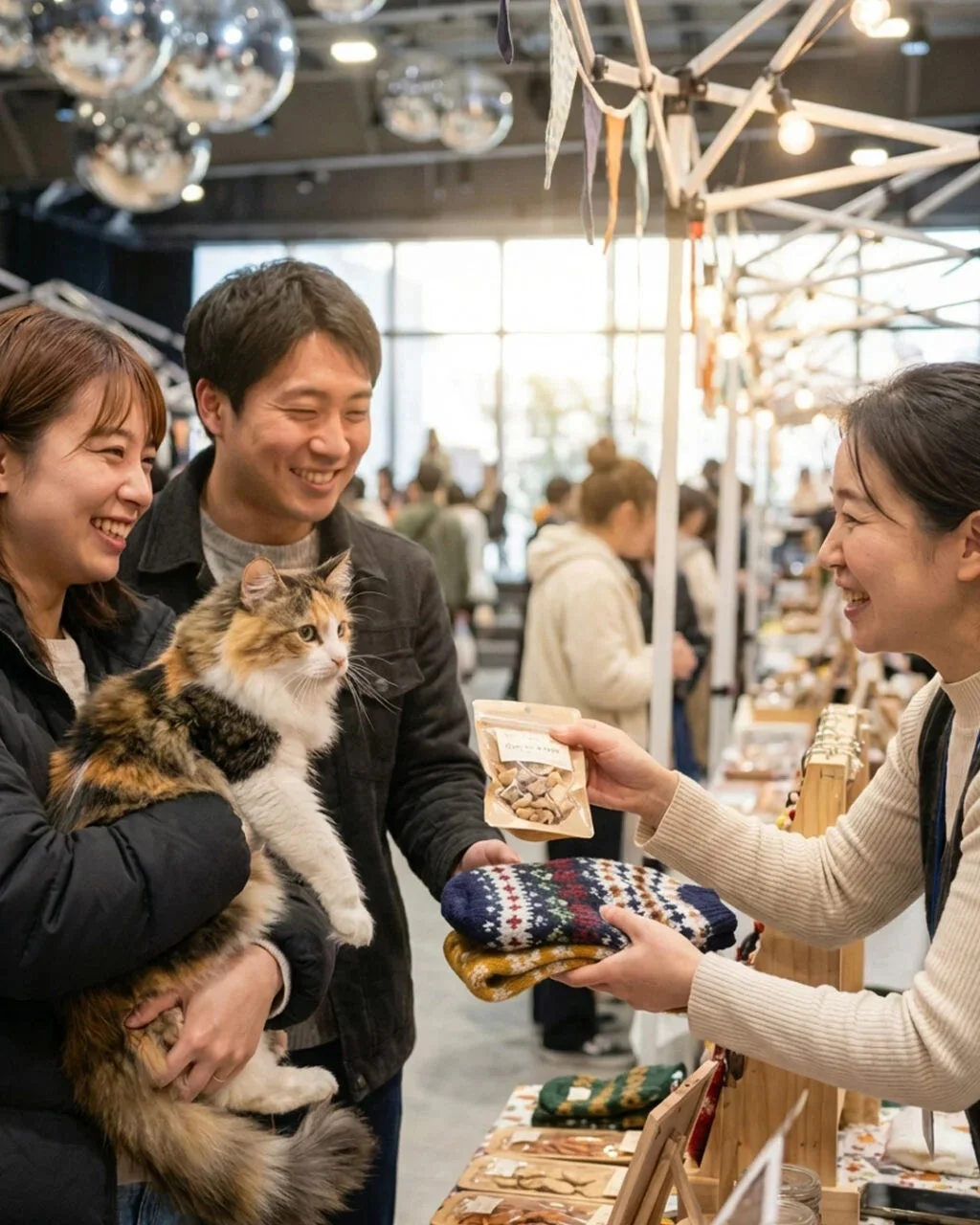 カップルと愛猫が店員と話す様子