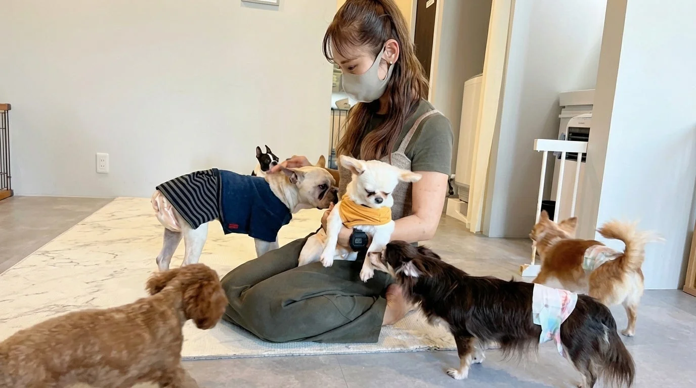 保護犬と触れ合う女性の画像
