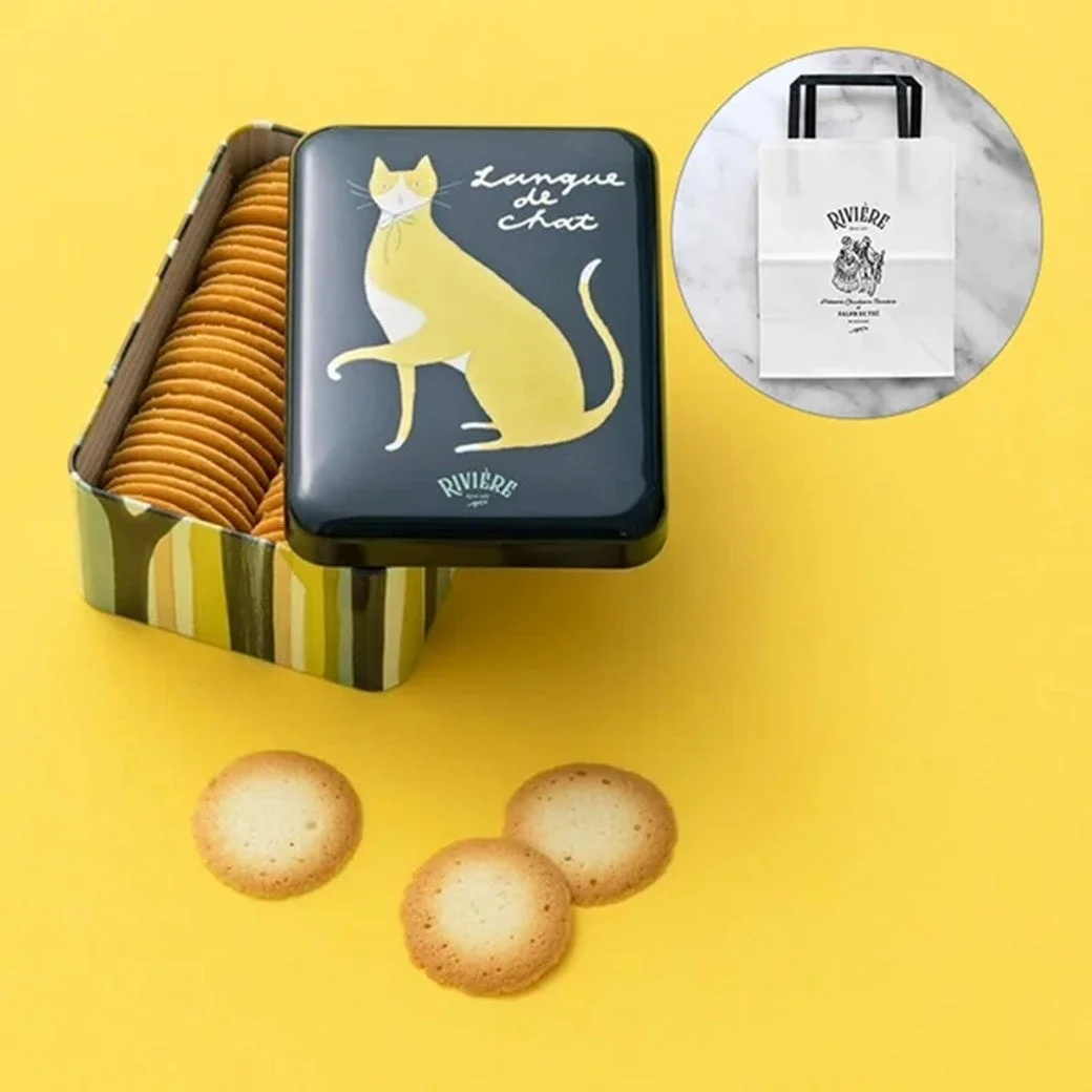 猫のイラストが描かれた青い缶に入ったラングドシャクッキー