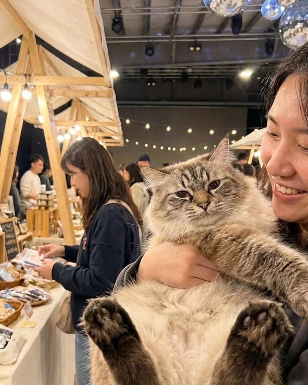 女性が猫を抱きかかえる様子