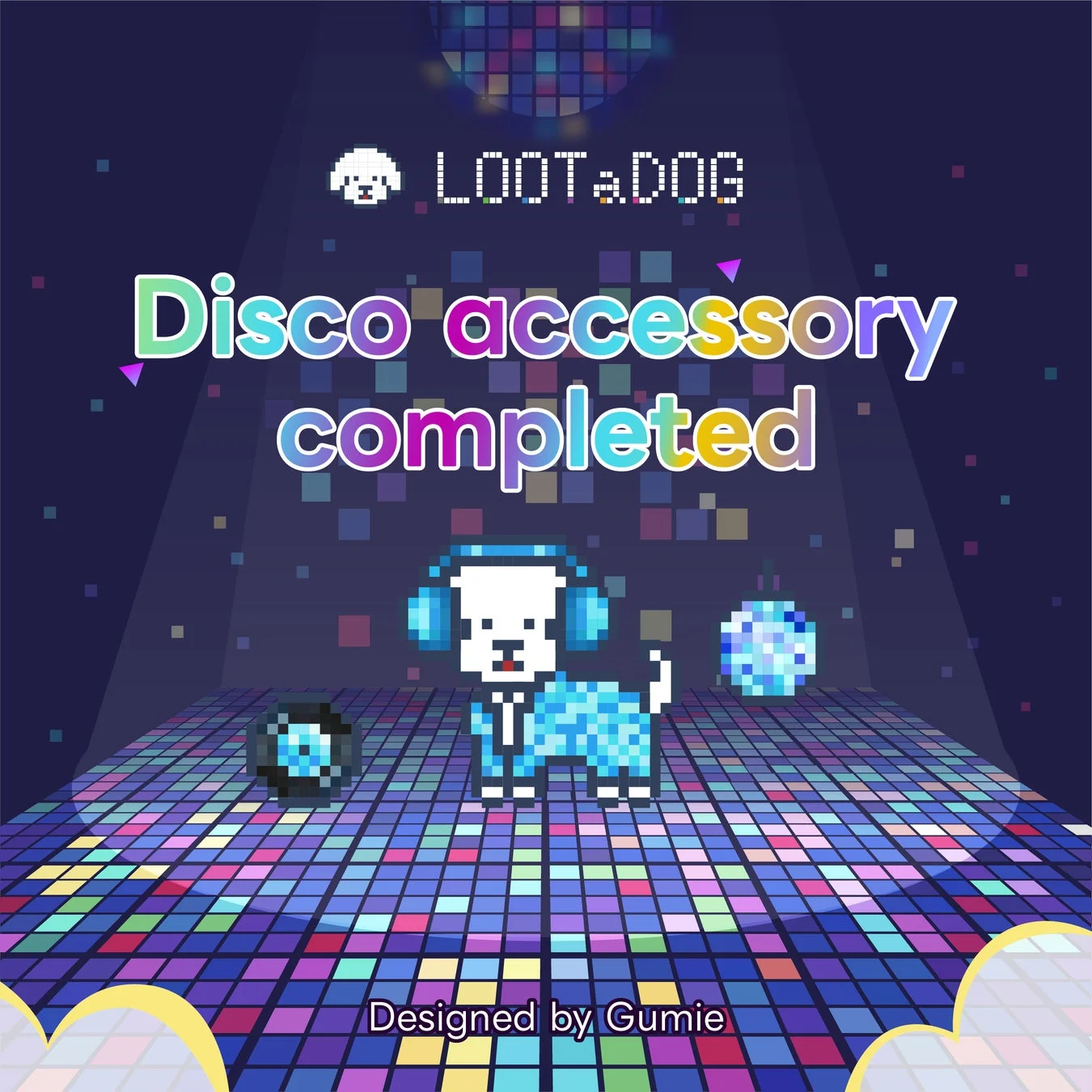 LOOTaDOGのディスコアクセサリーを身につけた犬のピクセルアート
