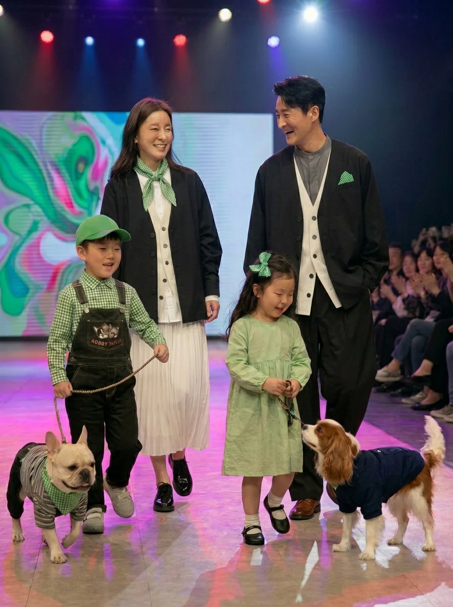 ステージ上で笑顔を見せる家族と2匹の犬