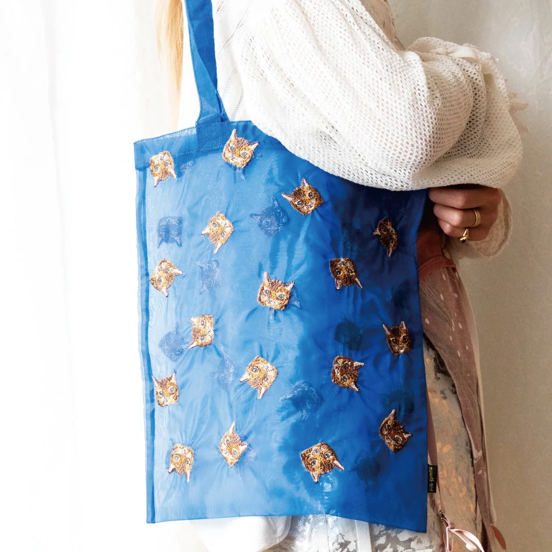 トートバッグ、猫、刺繍、青、ファッション、小物、カジュアル