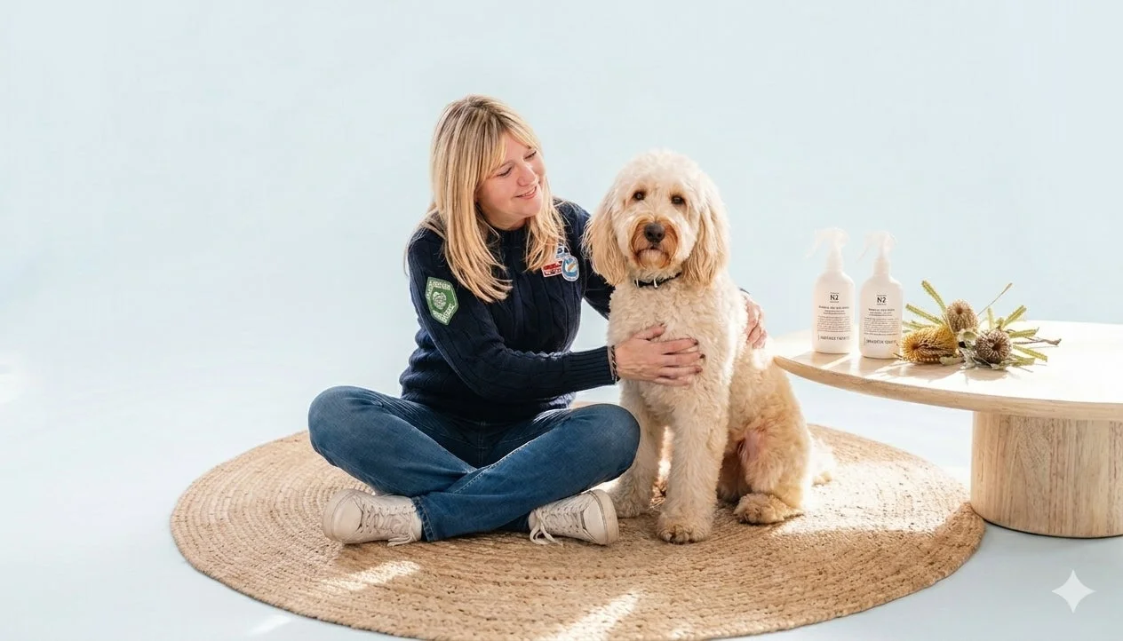 女性と犬、製品ボトル