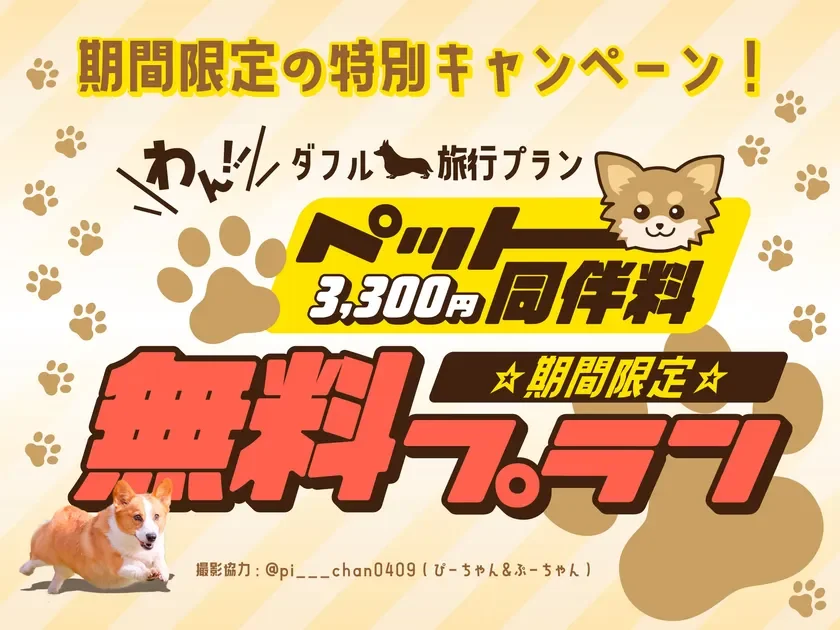 期間限定の特別キャンペーン! わん!ダフル 旅行プラン ペット 3,300円 同伴料 無料プラン