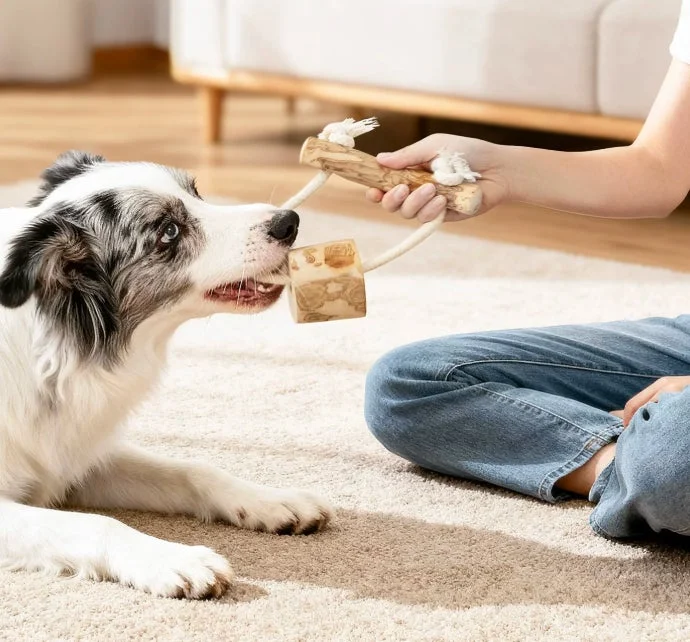 犬と人が遊んでいる写真
