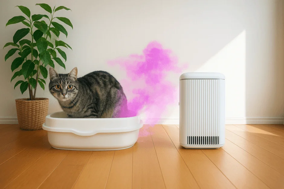 猫が猫トイレを使用しており、そこからピンク色の煙(臭いを表現)が立ち上っています。その横には空気清浄機が置かれ、ペットの臭い対策を連想させる日常の一コマです。