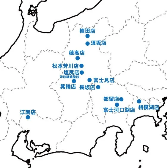 日本の一部地域の地図で、多数の店舗や施設の位置