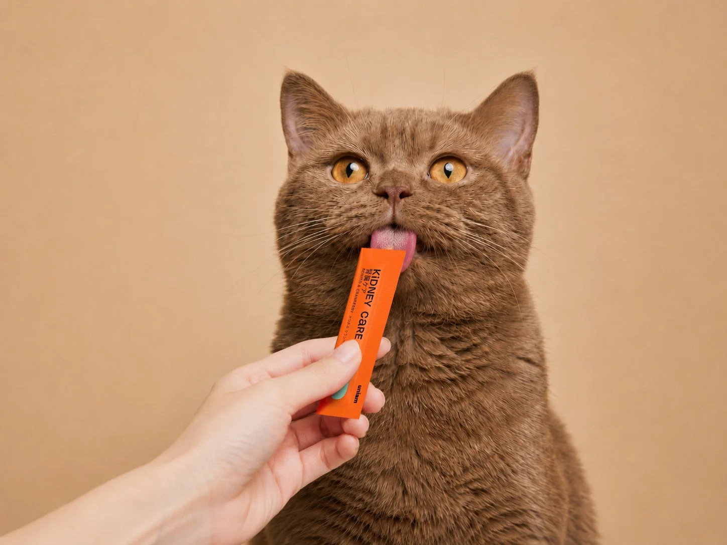 茶色の猫がおやつを舐めている