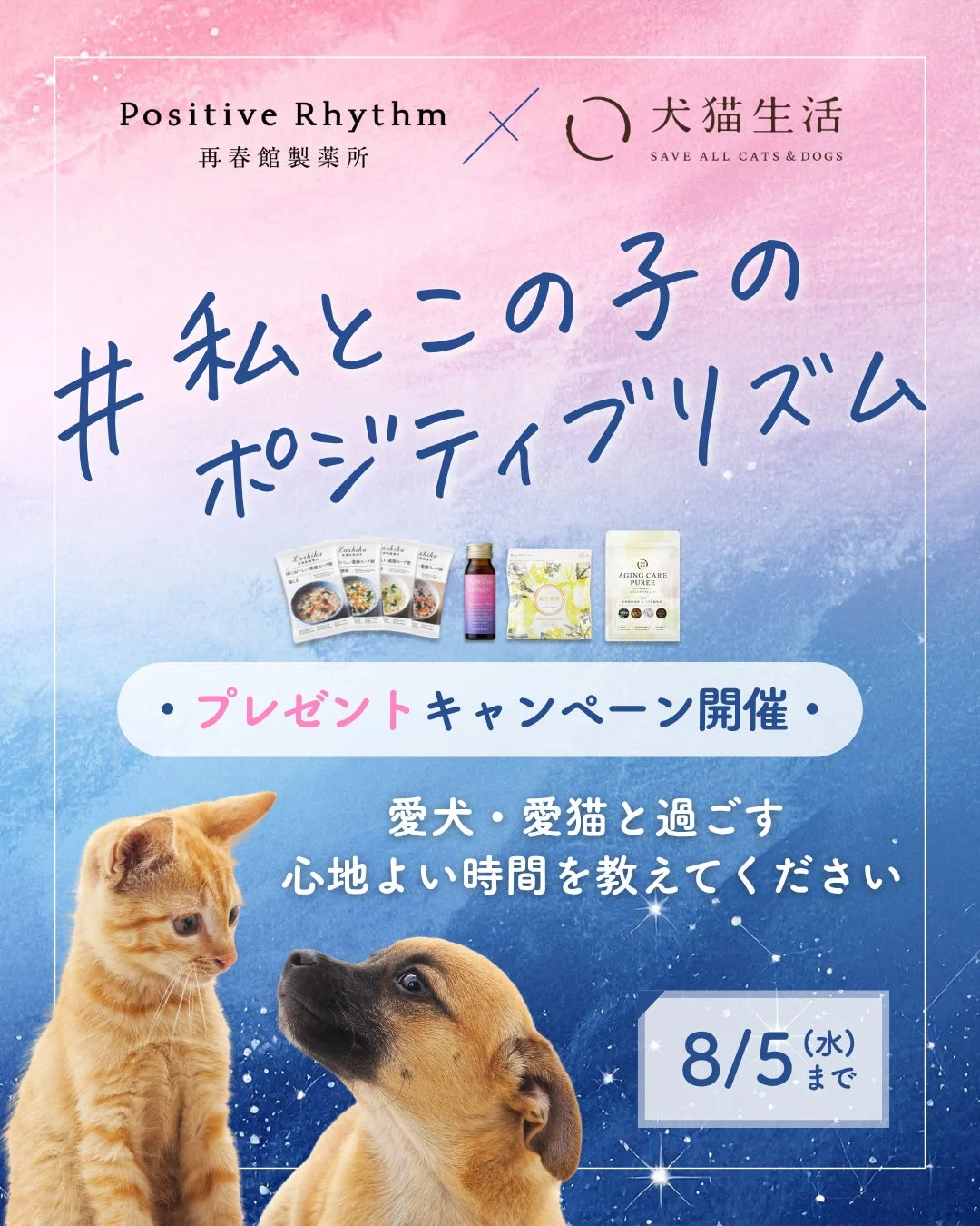 再春館製薬所と犬猫生活がコラボした「#私とこの子のポジティブリズム」プレゼントキャンペーンの告知