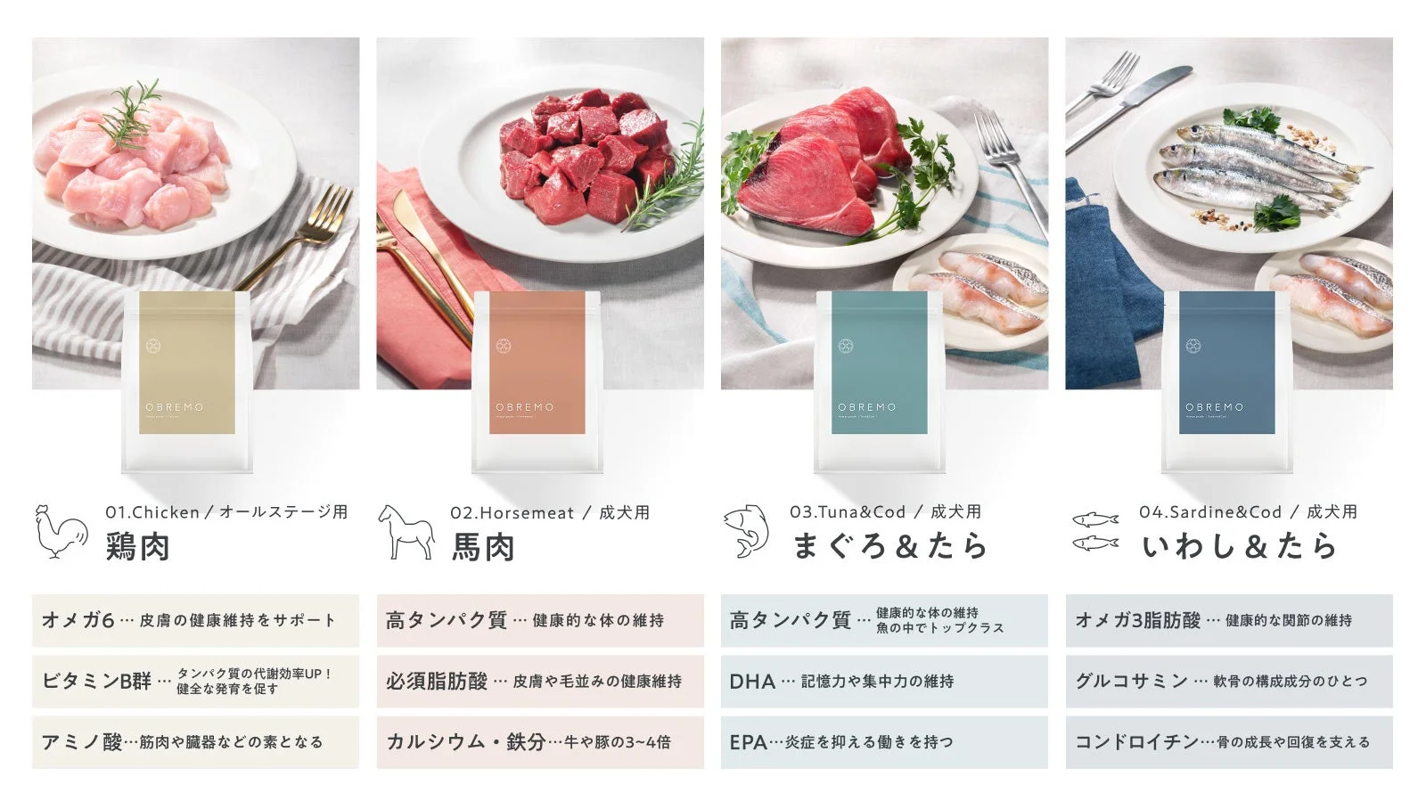 OBREMOブランドの4種類のペットフード（鶏肉、馬肉、まぐろ＆たら、いわし＆たら）を紹介