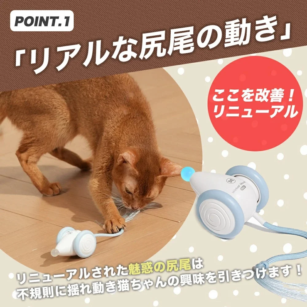 アビシニアンが遊ぶ猫用おもちゃの広告。リアルな尻尾の動きが特徴