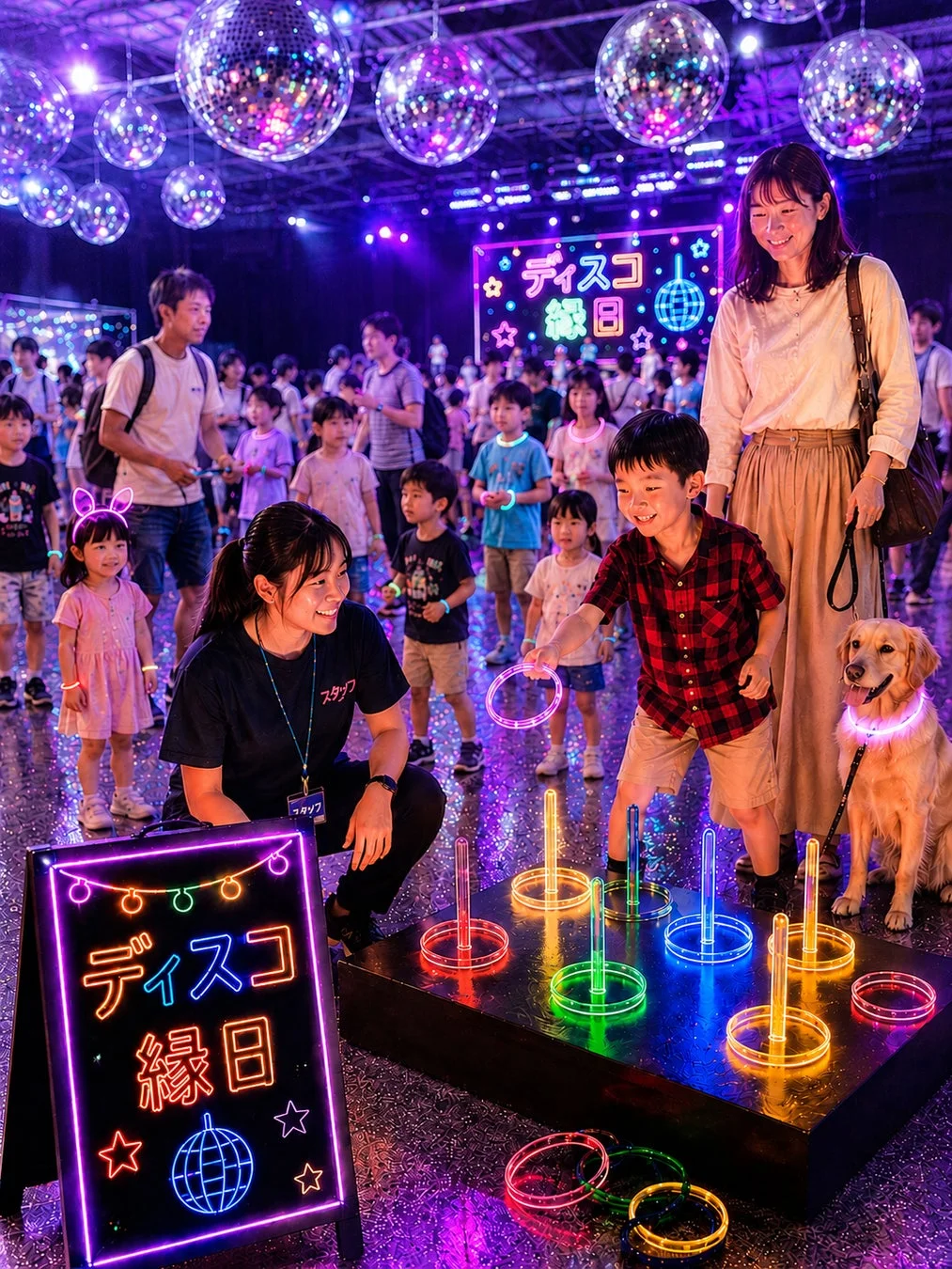 ディスコ縁日,イベント,祭り,子供,家族,遊び,輪投げ,ネオン,ミラーボール,光,犬,ゴールデンレトリバー,屋内,楽しい,カラフル