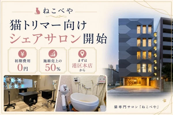 猫好きトリマーさん必見！『ねこべや』が夢のシェアサロンを開設！初期費用0円で猫と向き合う自由な働き方をスタート！