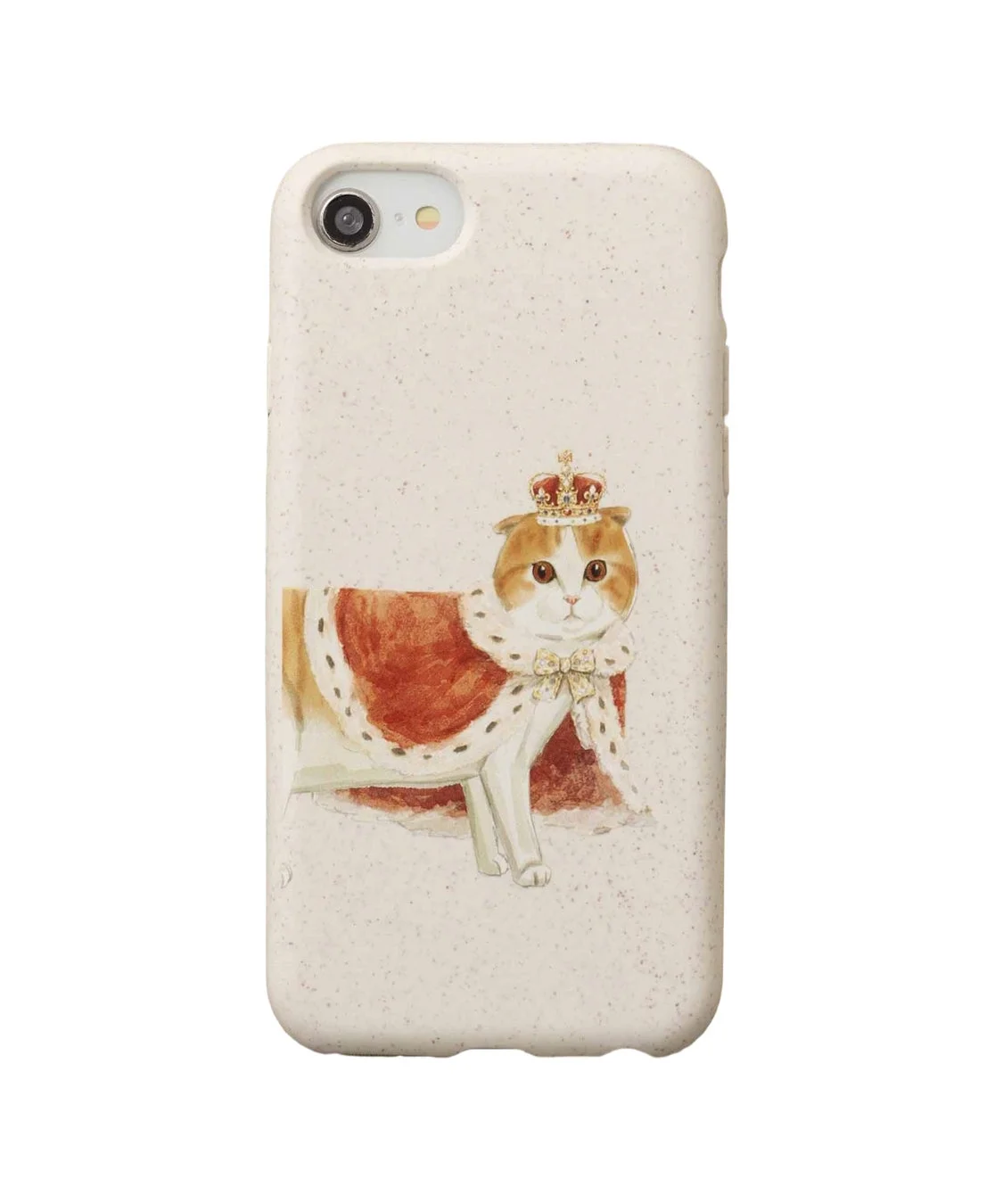 王冠とマントを身につけた猫のイラストが描かれたiPhoneケースです。淡いベージュのケースに、可愛らしい猫が王様のような装いで描かれており、上品でユニークなデザインが特徴です。