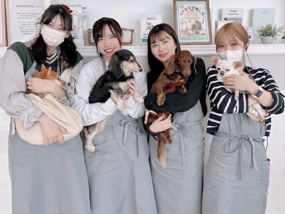 女性スタッフと犬たち