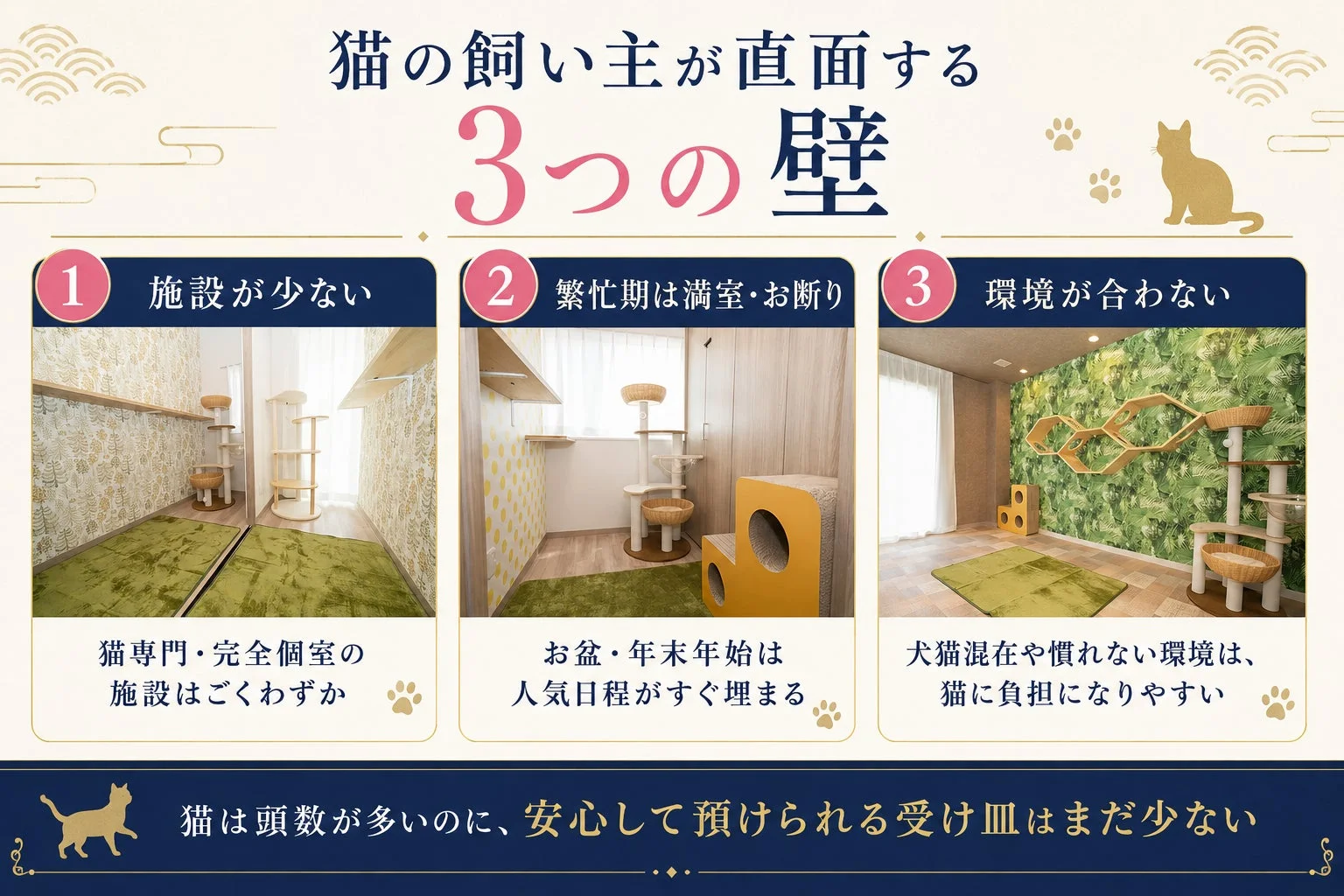 猫の飼い主が直面する3つの課題を提示しています。猫専用の個室施設の少なさ、お盆や年末年始の予約困難さ、犬猫混在や慣れない環境が猫にストレスを与える点について解説し、安心して預けられる場所が不足している現状を訴求しています。