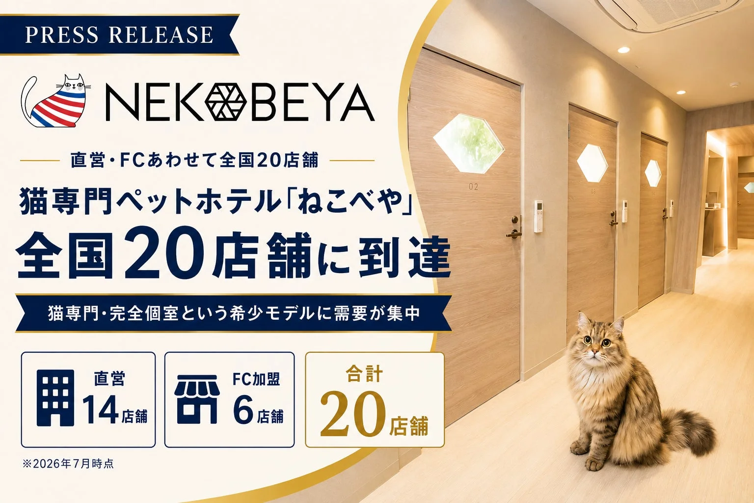 愛猫とのお出かけも安心！猫専門ペットホテル『ねこべや』が全国20店舗に到達！