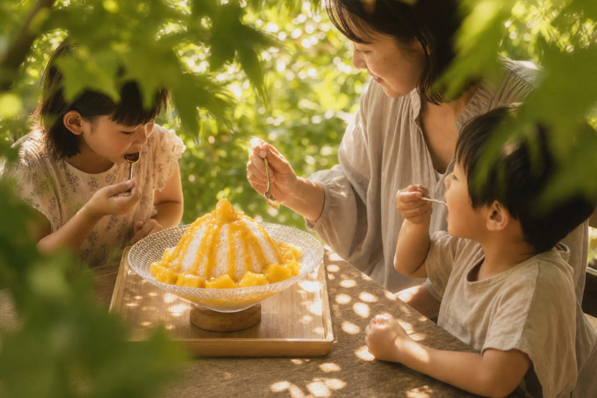 家族がかき氷を囲む