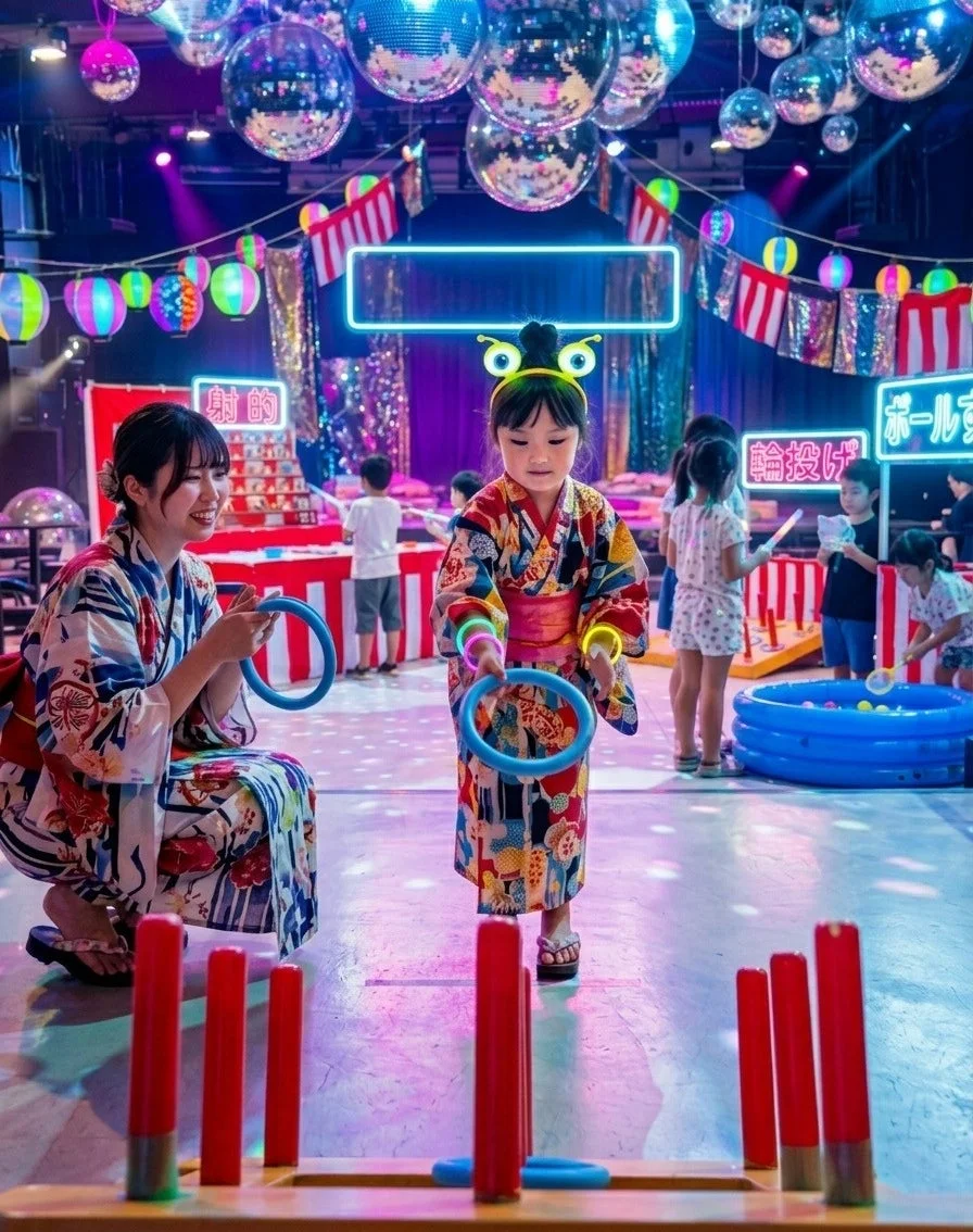 浴衣,輪投げ,射的,夏祭り,縁日,イベント,子供,女性,楽しい,ディスコボール,ネオン,カラフル,ゲーム,室内