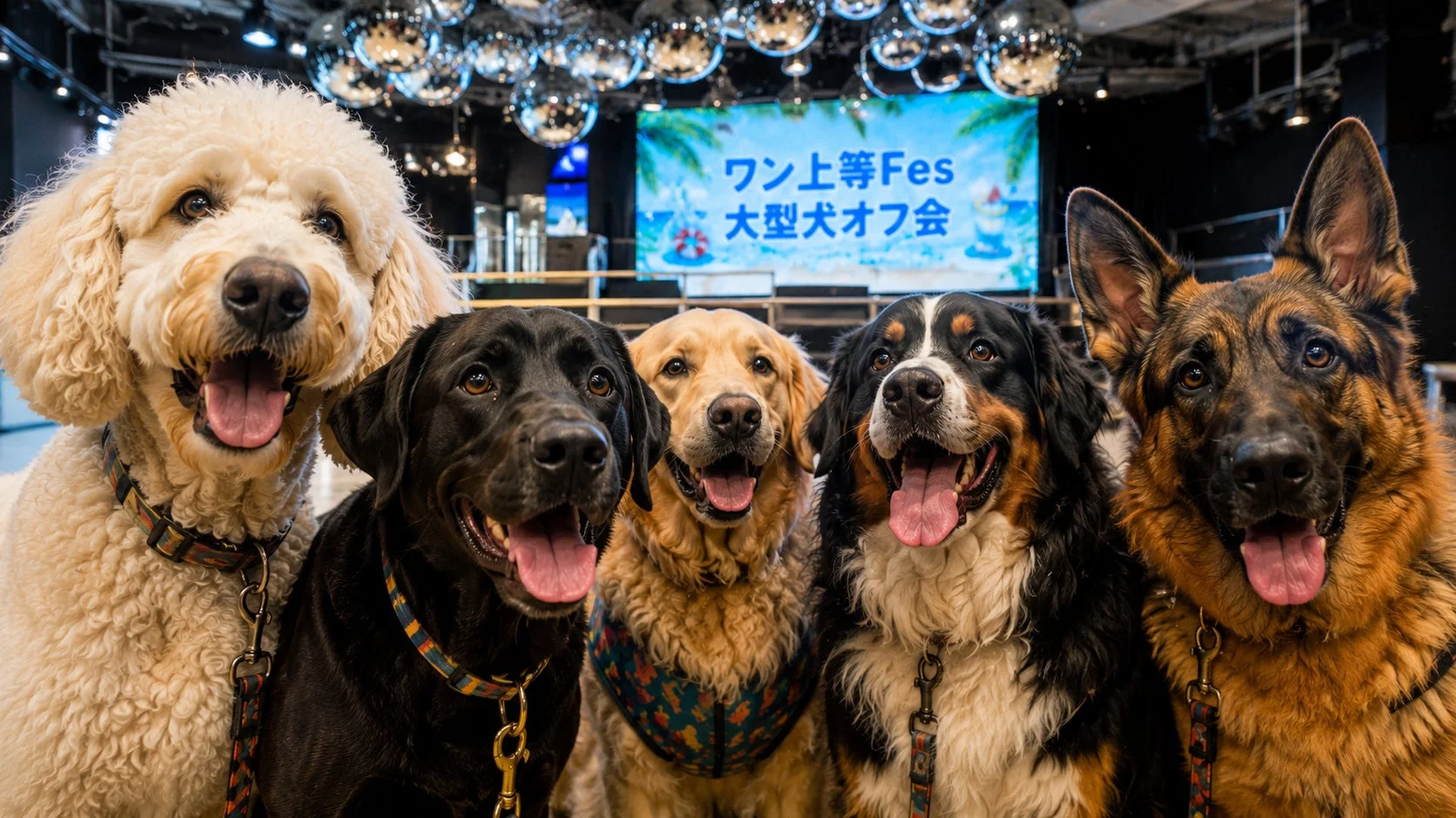 様々な種類の大型犬5匹が並んで笑顔を見せている集合写真です。背景には「ワン上等Fes 大型犬オフ会」と表示されたスクリーンがあり、楽しいイベントの様子が伝わります。