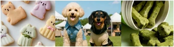 かわいい動物形のクッキー、屋外イベントで楽しむプードルとダックスフンド、そして骨型ドッグフードが写っています。ペットとの暮らしを彩るアイテムや楽しいひとときを表現した画像です。