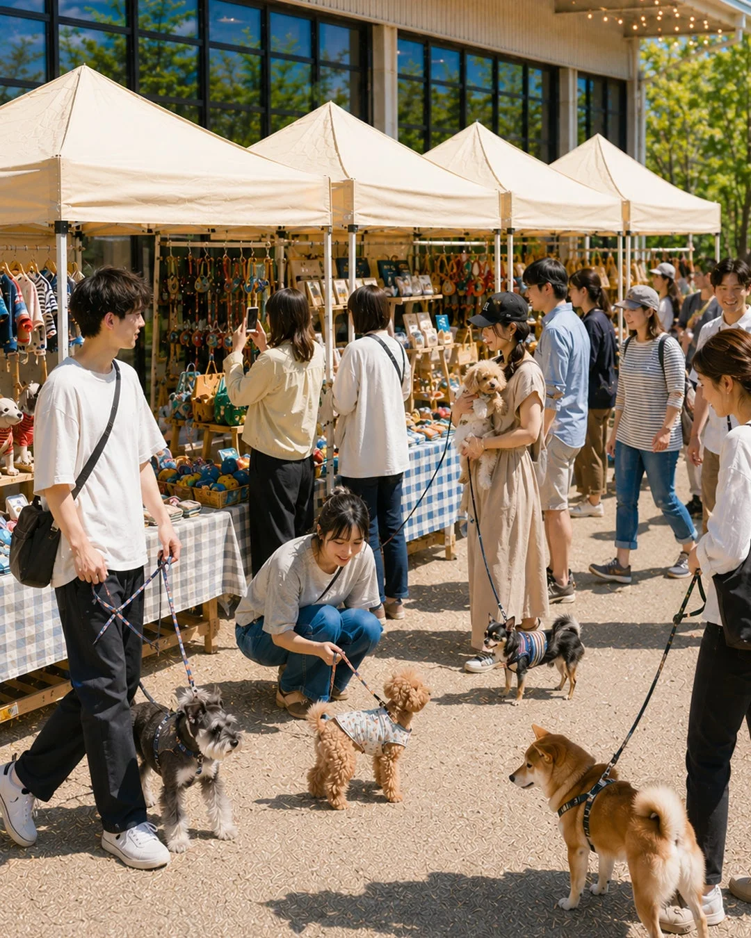 屋外イベントで賑わう犬と人々