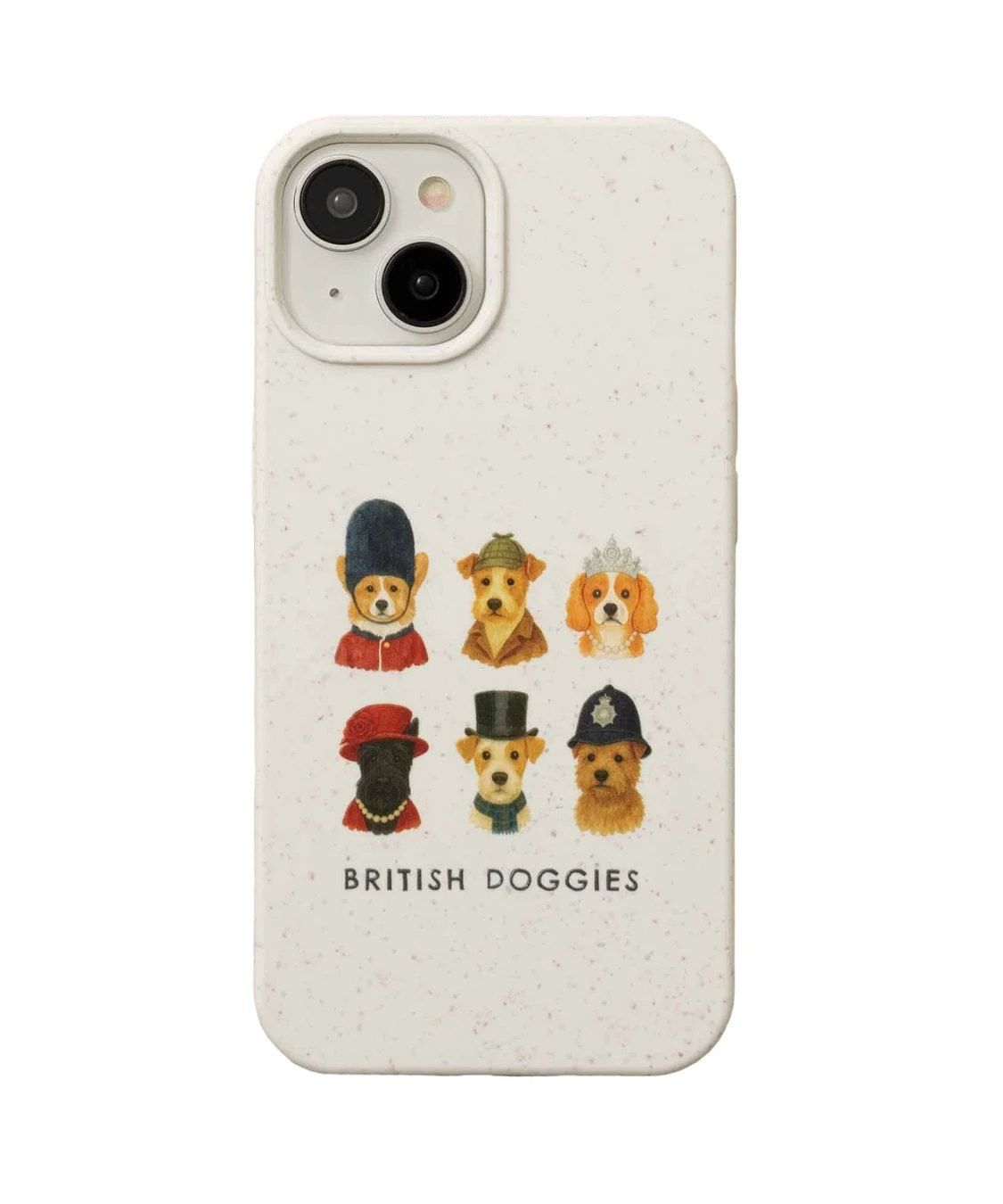 イギリスをテーマにした様々なコスチュームを着た6匹の犬のイラストが描かれた白いスマホケースです。下部には「BRITISH DOGGIES」の文字があります。