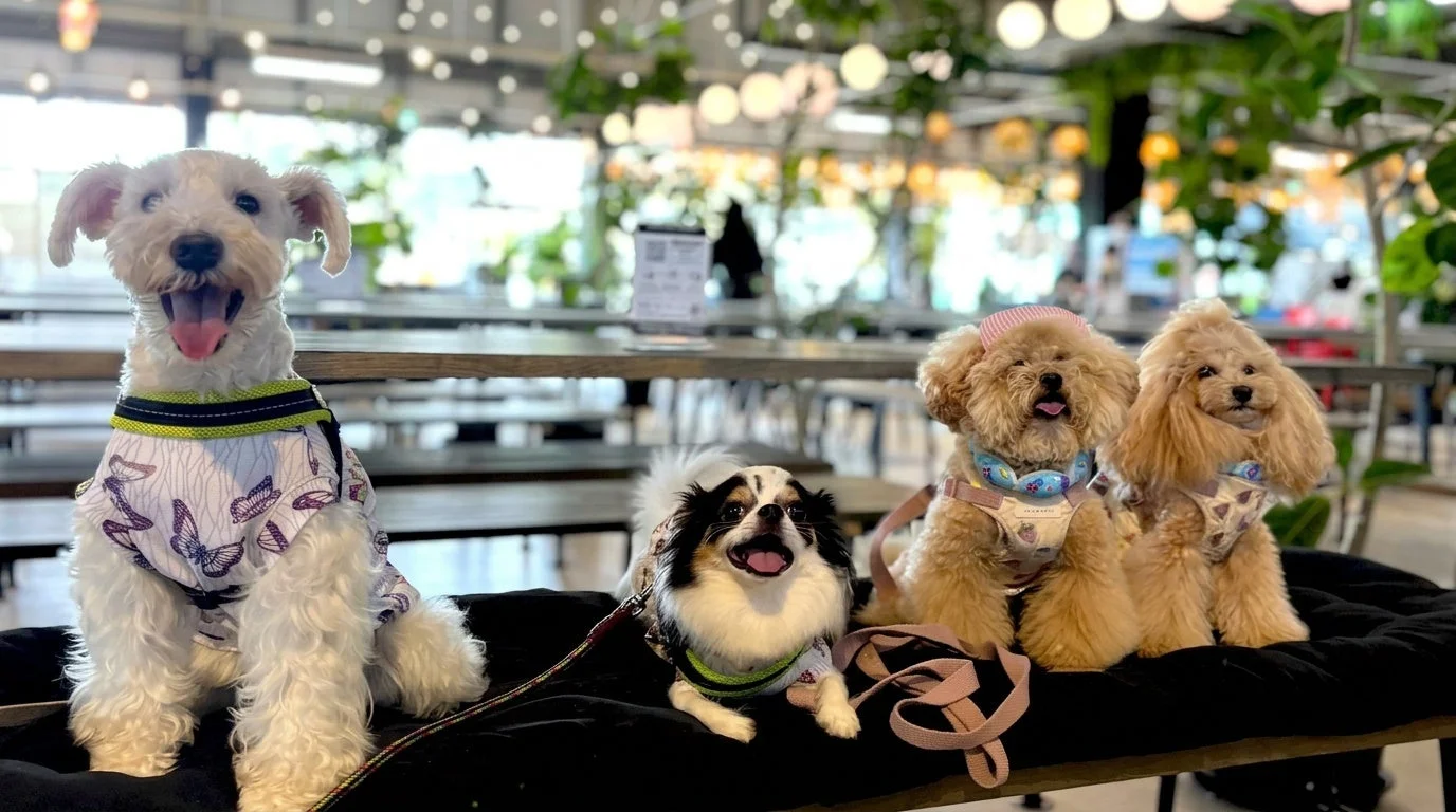 蝶柄の服を着た白い犬と、チワワ、そして2匹のトイプードルがカフェのような屋内で並んで座っています。皆、カメラに向かって笑顔を見せており、とても可愛らしい集合写真です。