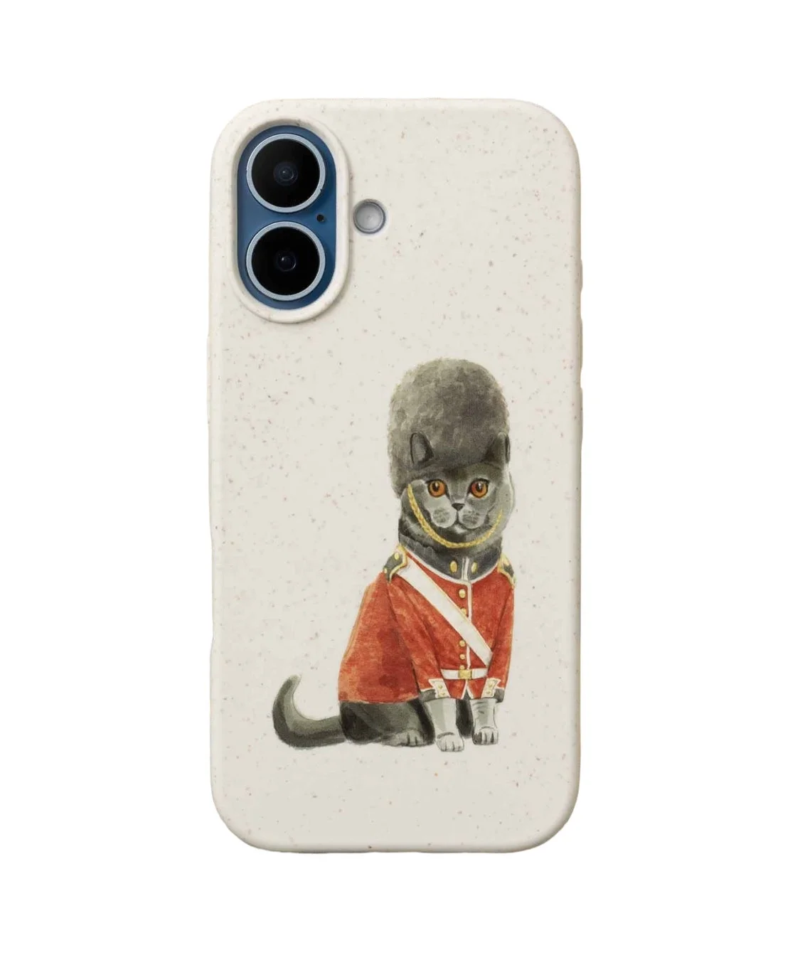 イギリスの衛兵の制服を着たブリティッシュショートヘアの猫が描かれたスマートフォンケースです。独特な世界観と可愛らしい猫のイラストが特徴的です。
