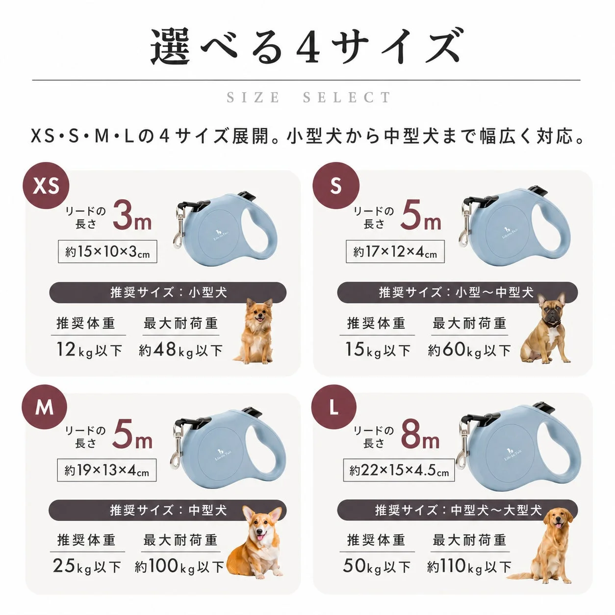 伸縮リードのサイズ展開説明