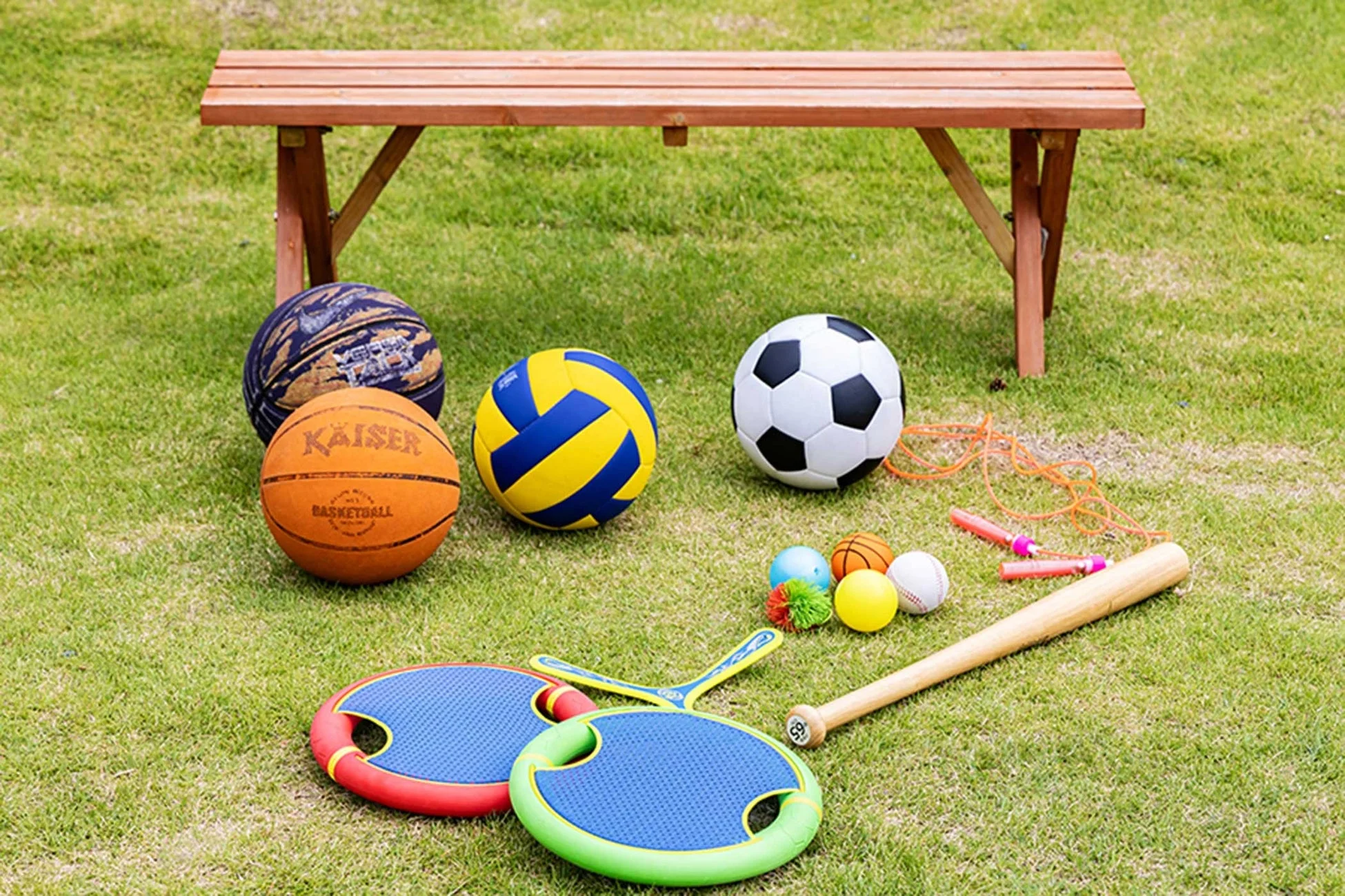 緑豊かな芝生の上に、バスケットボール、バレーボール、サッカーボール、野球バット、縄跳び、パドルゲームなど様々なスポーツ用品が並べられ、奥には木製ベンチが見える