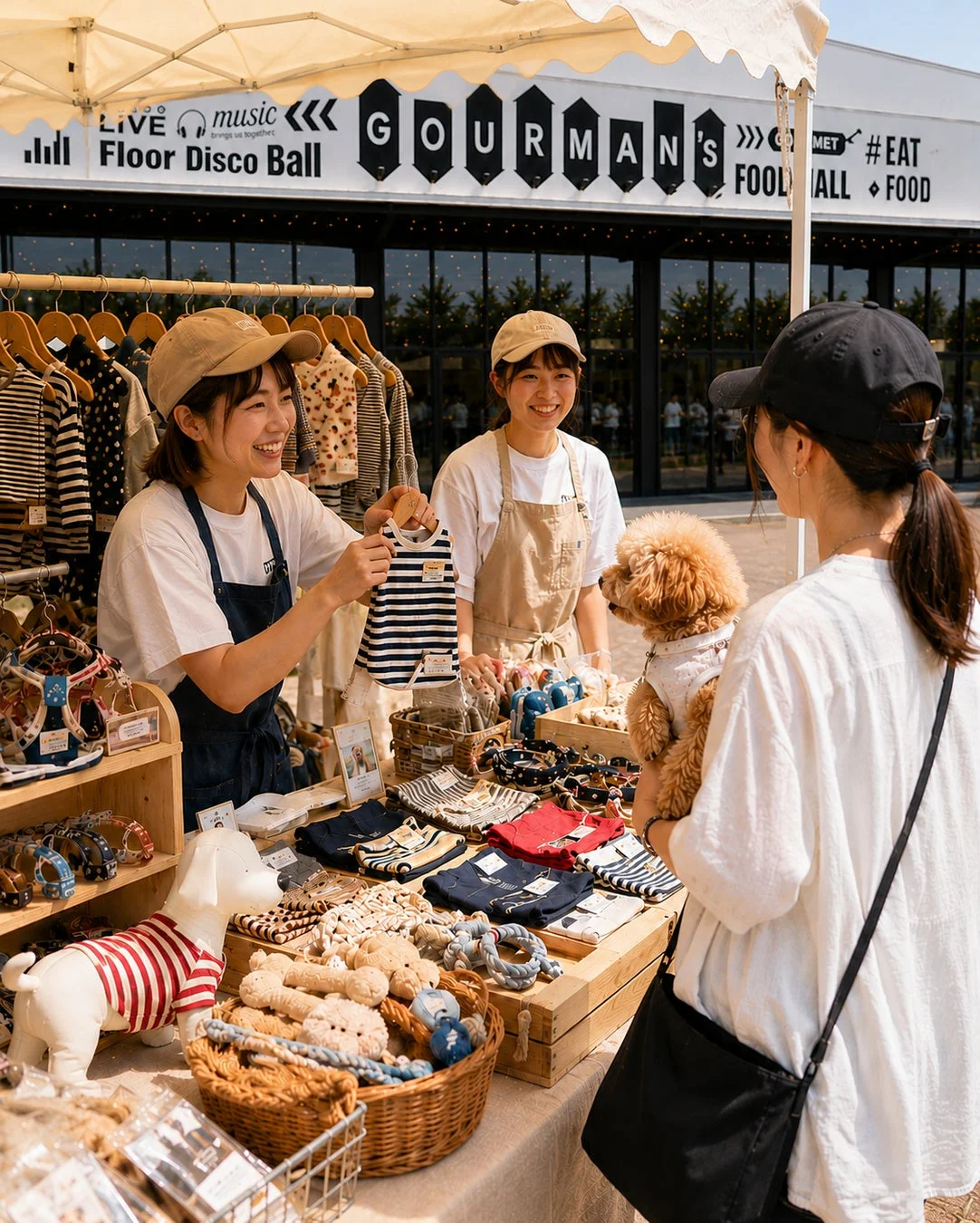 屋外のペット用品マーケットで、笑顔の店員がトイプードルを連れた客に犬服を勧めている。犬用のおもちゃや服が豊富に並び、賑やかで楽しいショッピングの雰囲気が伝わる一枚です。