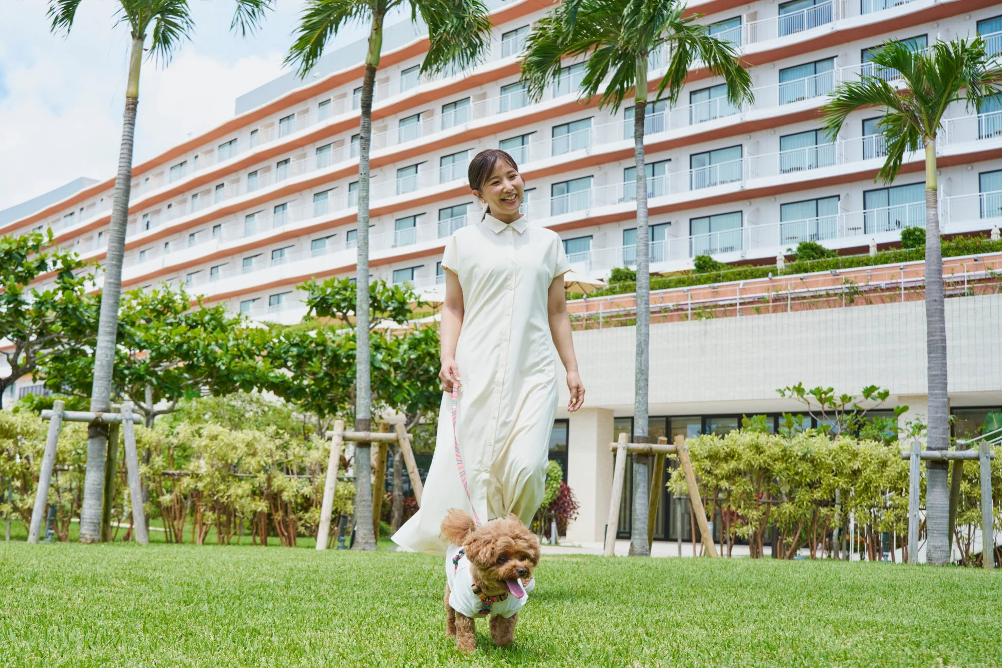 白いワンピースを着た女性が、緑豊かな芝生の上で小型犬をリードにつないで散歩させている様子