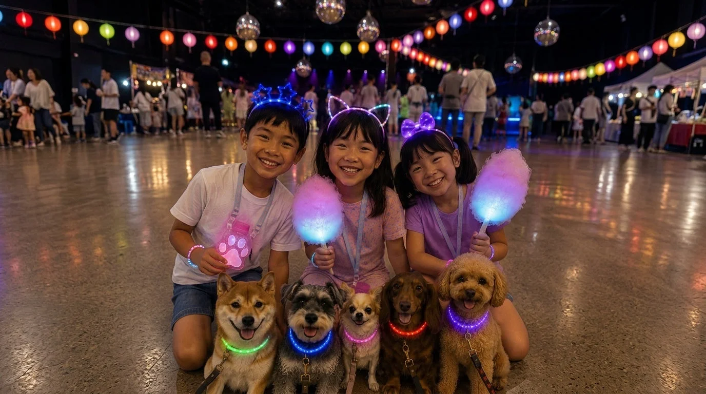 子供、犬、フェスティバル、夜、光る、カラフル、イベント、ペット、笑顔、綿菓子、提灯、ディスコボール、家族