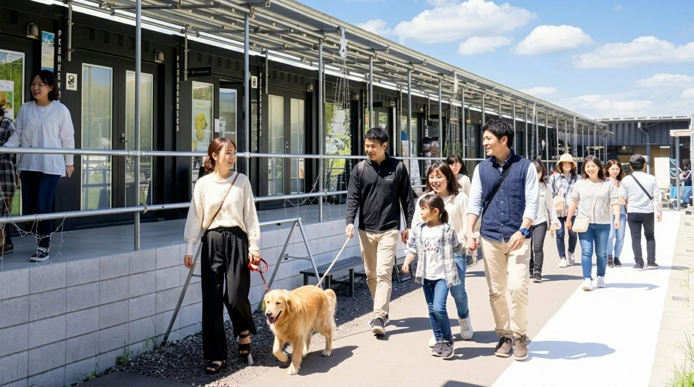晴れた日に、家族連れや犬を連れた人々が屋外の商業施設を散策している様子です。笑顔で楽しそうに歩いており、レジャーを満喫している様子がうかがえます。