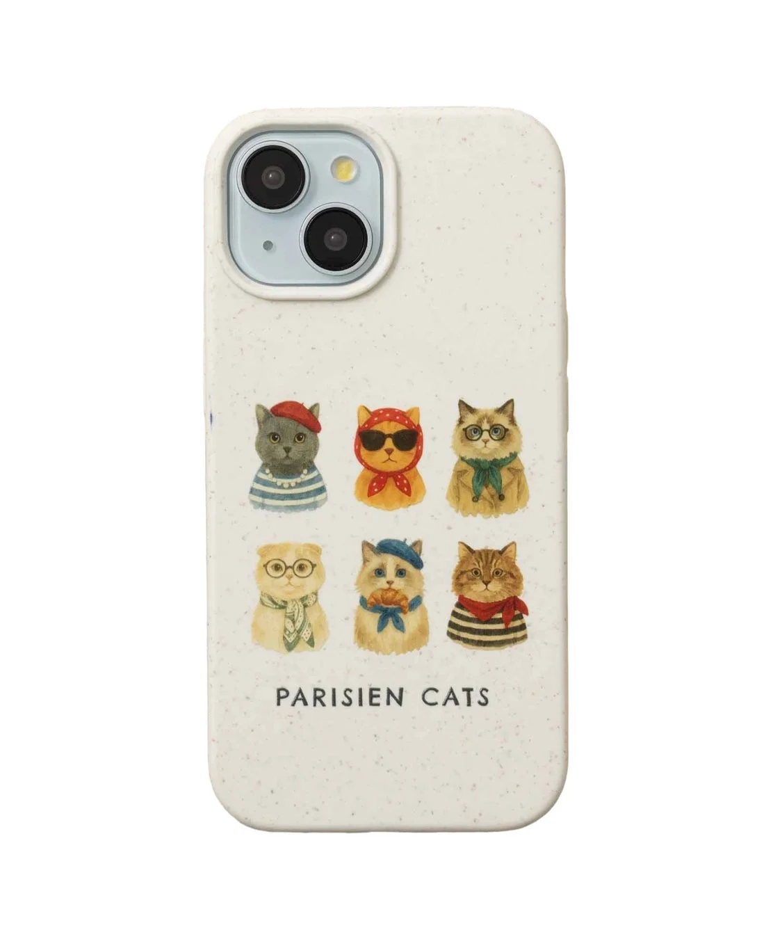 パリジャン風の衣装をまとった6匹の猫のイラストが描かれた、オフホワイトのスマートフォンケースです。おしゃれで可愛いデザインが特徴です。
