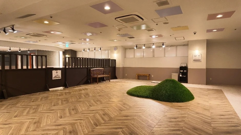 室内ラウンジ、人工芝の小山