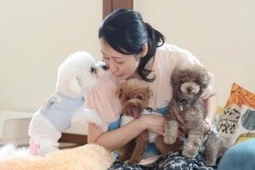 室内で女性が3匹の小型犬と触れ合っている心温まる光景