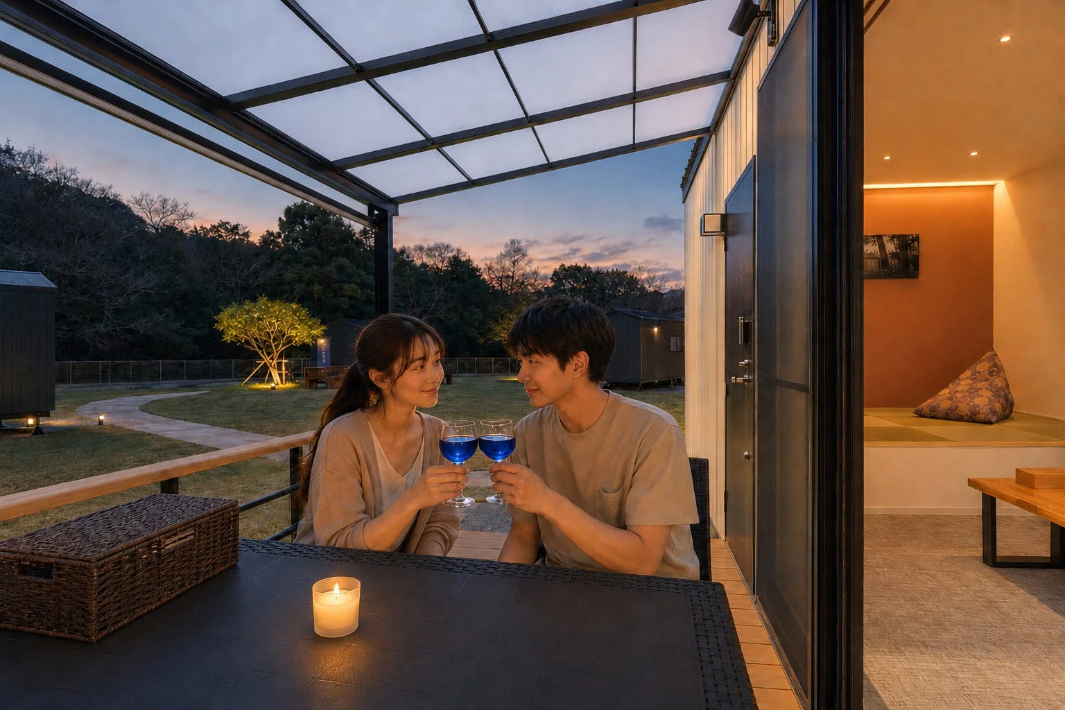 夕暮れのテラスで青い飲み物で乾杯するカップル