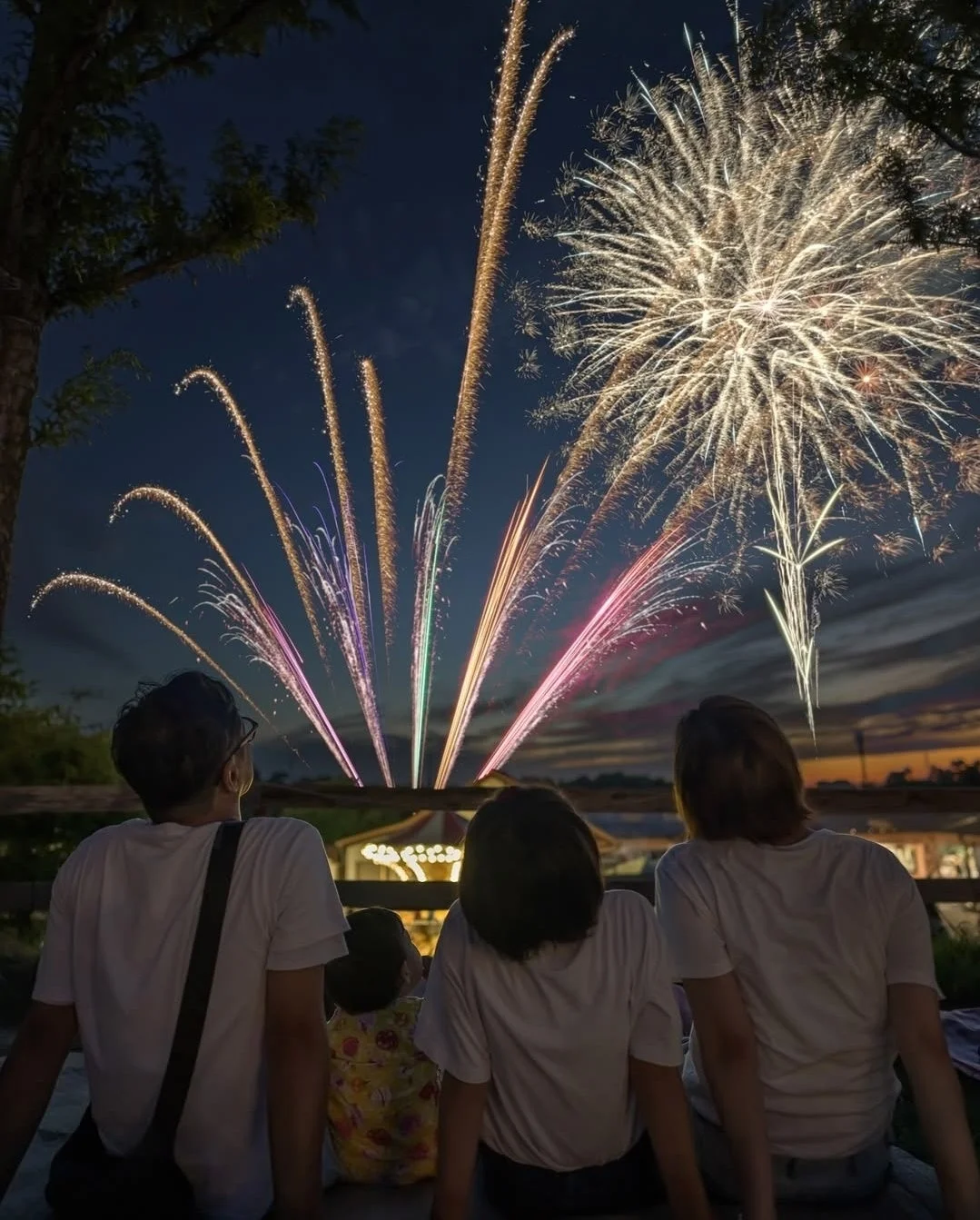 夜空に打ち上がる花火を楽しむ家族