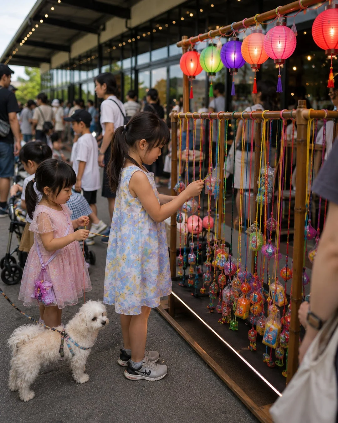 子供たちと犬が提灯の屋台を眺める様子