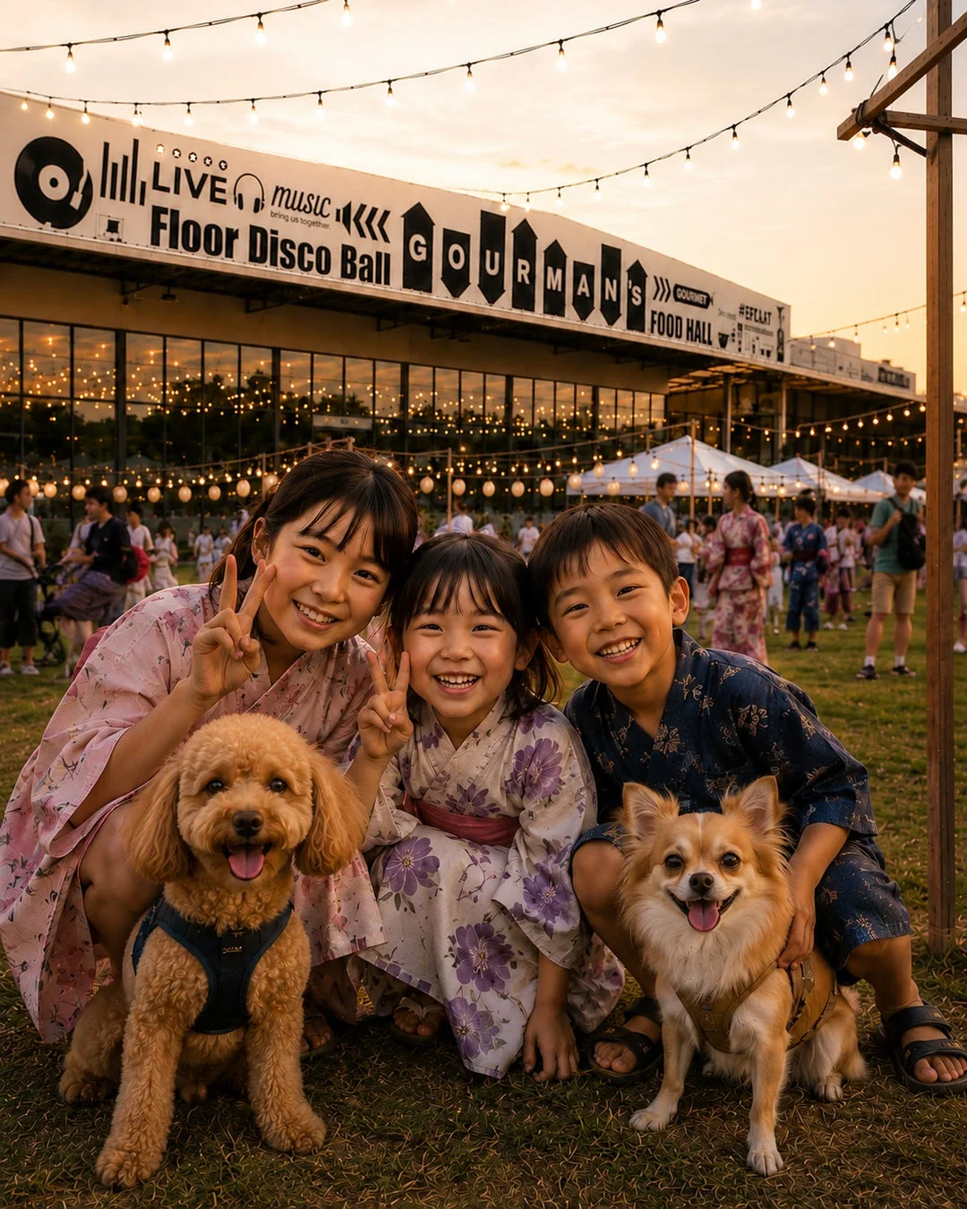 浴衣姿の子供たちと犬