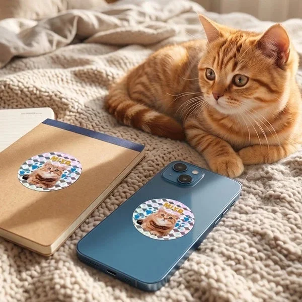 茶トラの子猫のステッカーが貼られたスマートフォンとノート