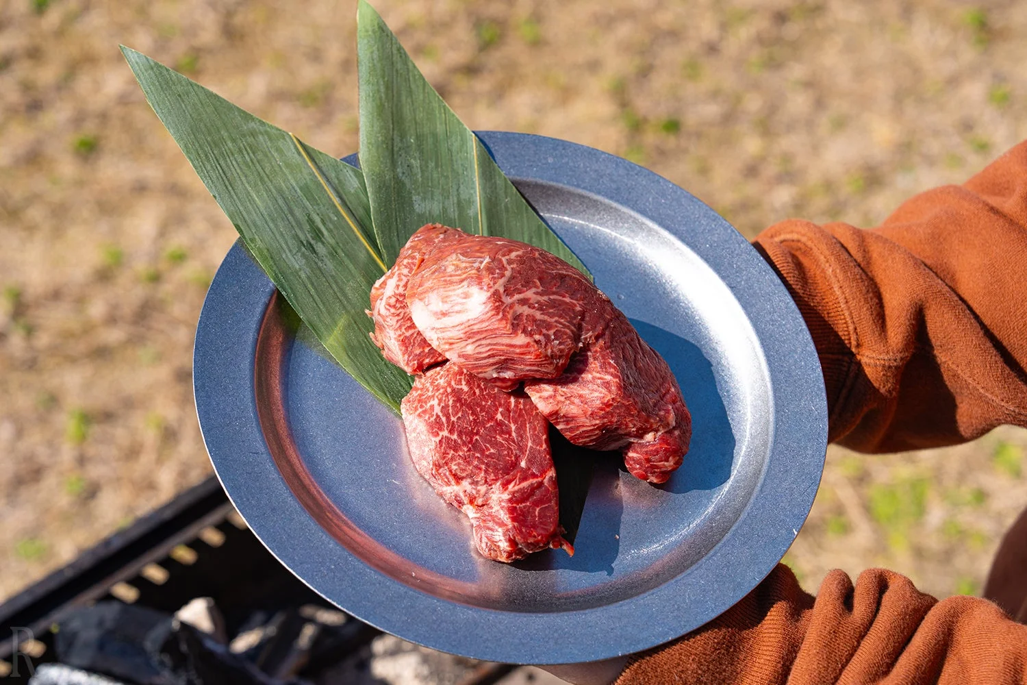 肉,牛肉,和牛,焼肉,バーベキュー,BBQ,食材,アウトドア,料理,プレート,笹の葉,準備中,新鮮