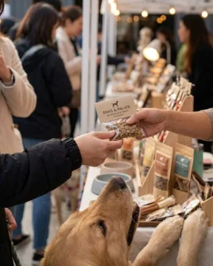 ペットマーケットで、飼い主が犬用のおやつを受け取っている様子