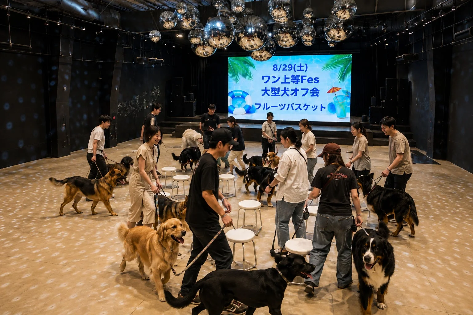 多くの大型犬とその飼い主たちが屋内のイベントスペースに集まり、交流している様子です。