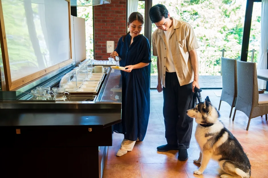 ホテルまたはリゾートのレストランでビュッフェにいるカップルとハスキー犬