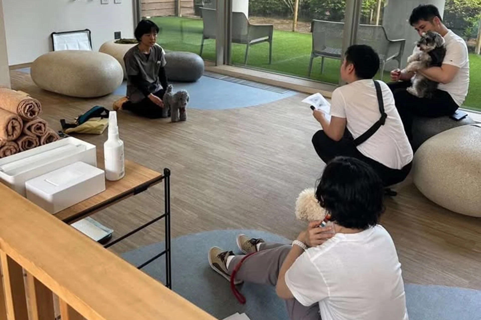 室内で犬と飼い主がトレーナーから説明を受ける