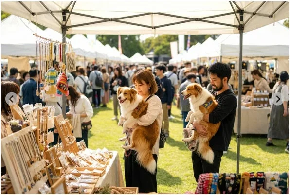 屋外マーケットで犬を抱っこする人々